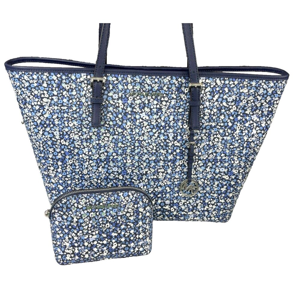 Michael Kors Large Navy Blue Floral Travel Jet Set Carry All Tote Bag